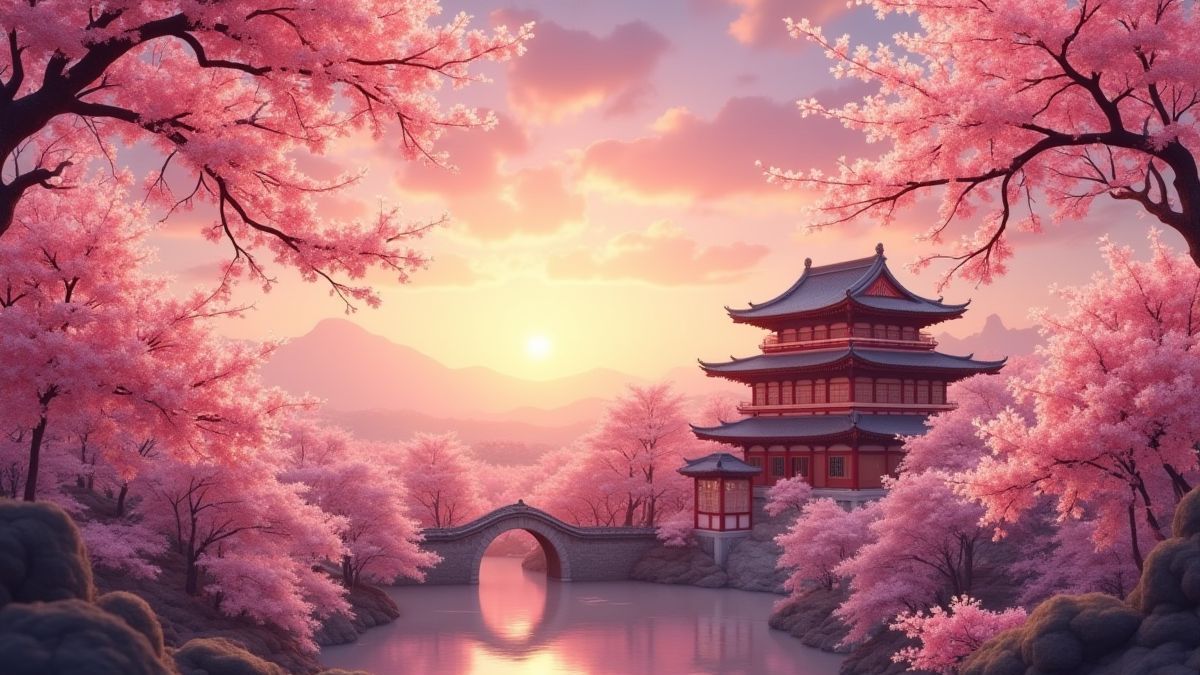 Kirschblüten um einen chinesischen Tempel bei Sonnenuntergang.