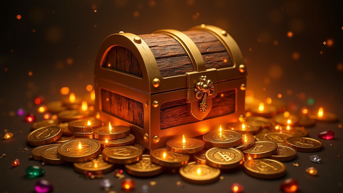 Leuchtende Schatztruhen umgeben von Goldmünzen und Juwelen.