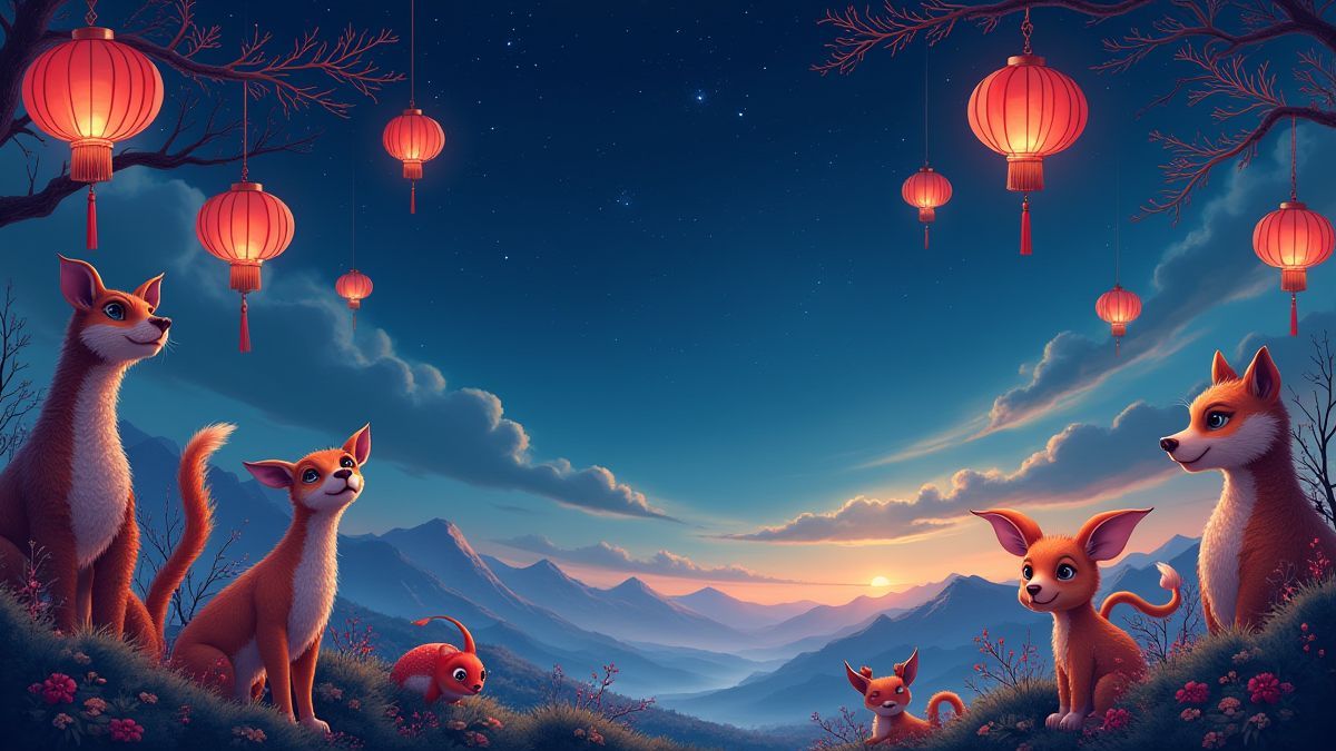 Cielo nocturno con linternas brillantes y animales del zodiaco chino.