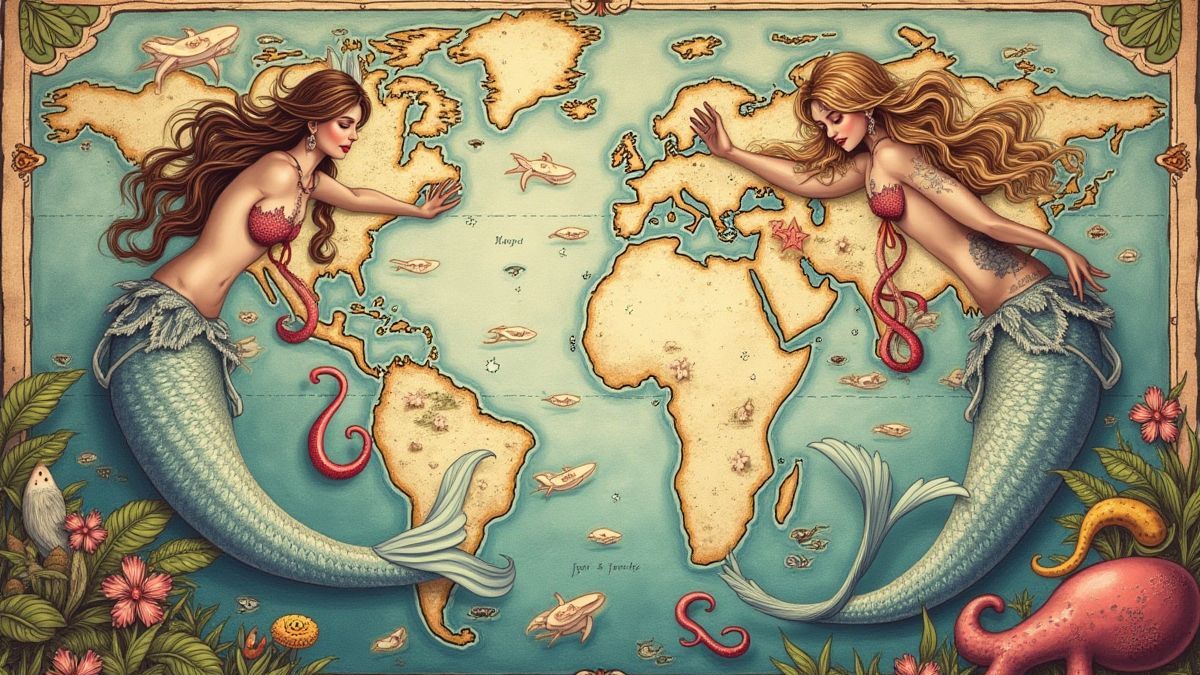 Un mapa antiguo ilustrado con criaturas marinas como sirenas y pulpos.