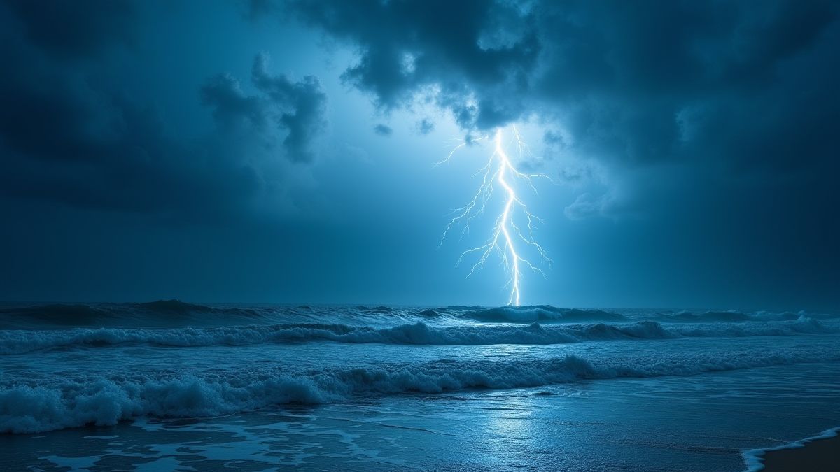 Una tormenta en el océano con rayos y olas gigantes.