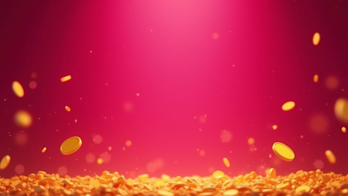 Fondo magenta con monedas doradas flotantes.