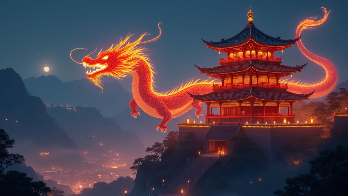 Leuchtender Drache über einem orientalischen Tempel.
