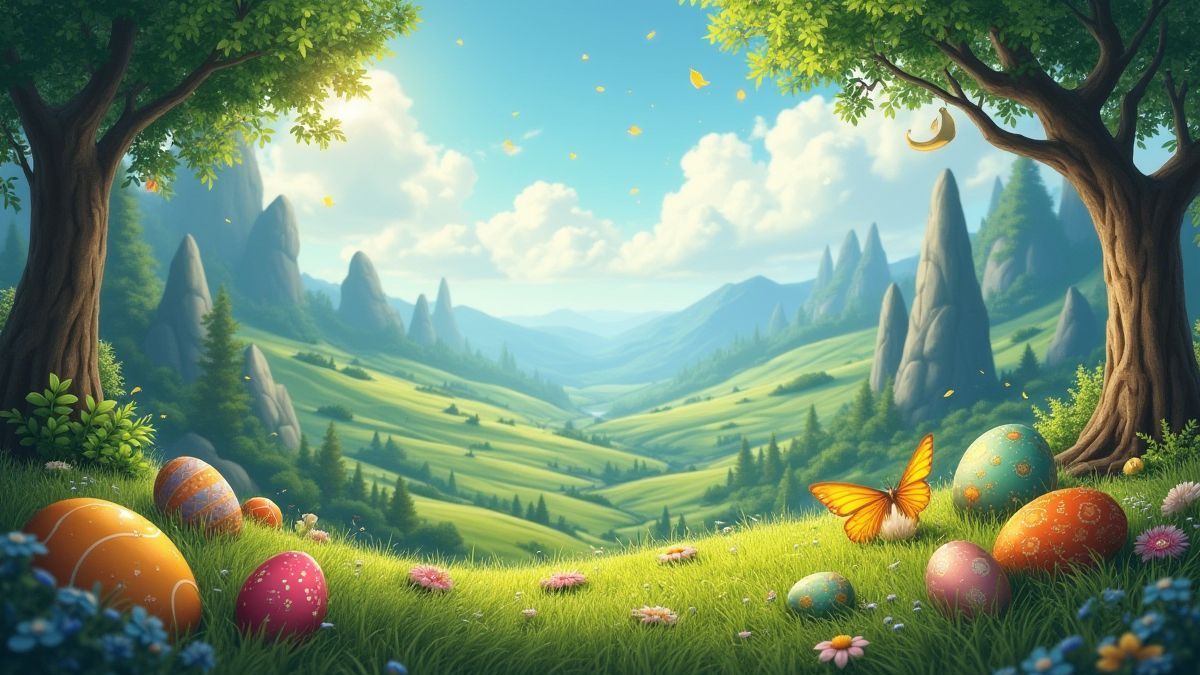 Magische Landschaft mit Schätzen und goldenen Eiern in einem grünen Tal.