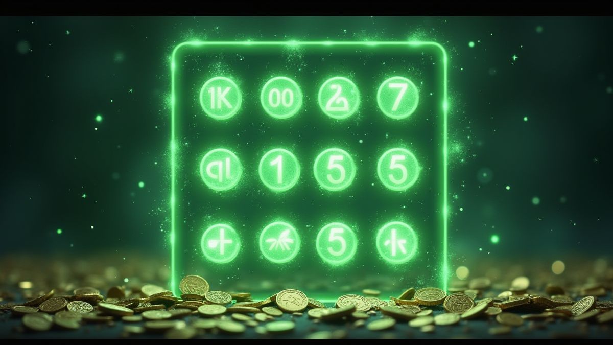 Una cuadrícula de slots rodeada de monedas brillantes y una luz verde.