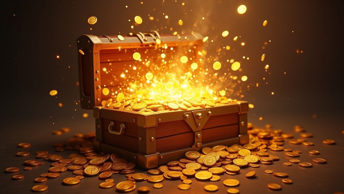 Un cofre lleno de monedas doradas y rayos de luz.
