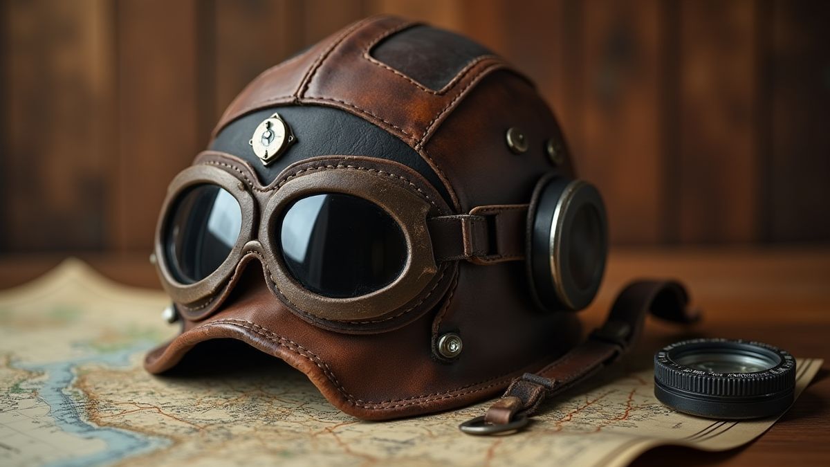 Casco de piloto vintage con gafas, mapa y brújula.