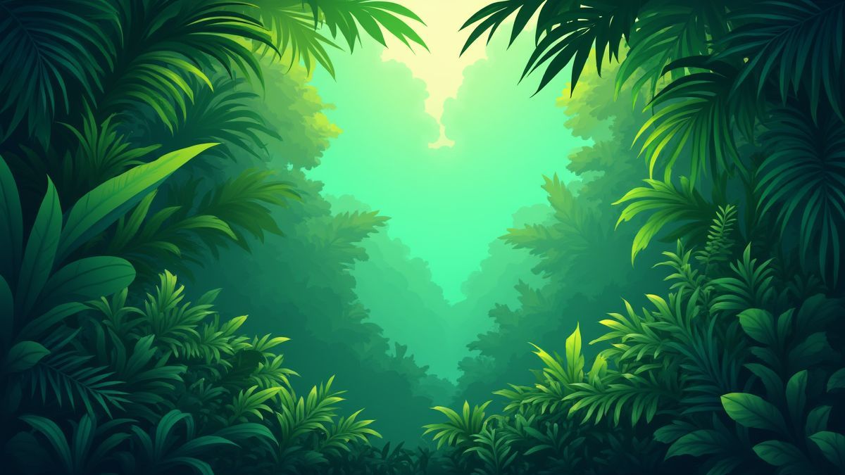 Selva tropical animada con hojas verdes y plantas exóticas.