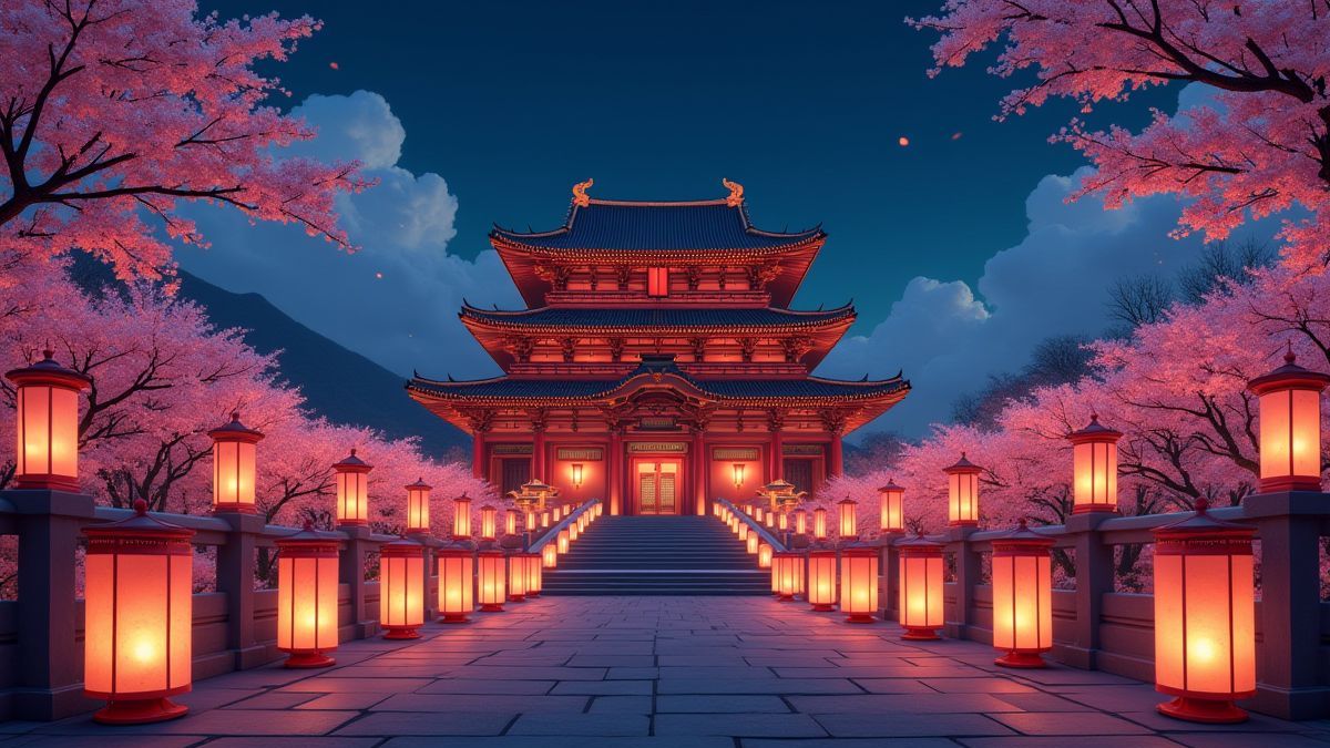 Palácio asiático iluminado com farolillos e flores de cerezo