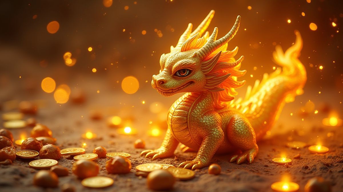 Dragão dourado rodeado de moedas e joias brilhantes