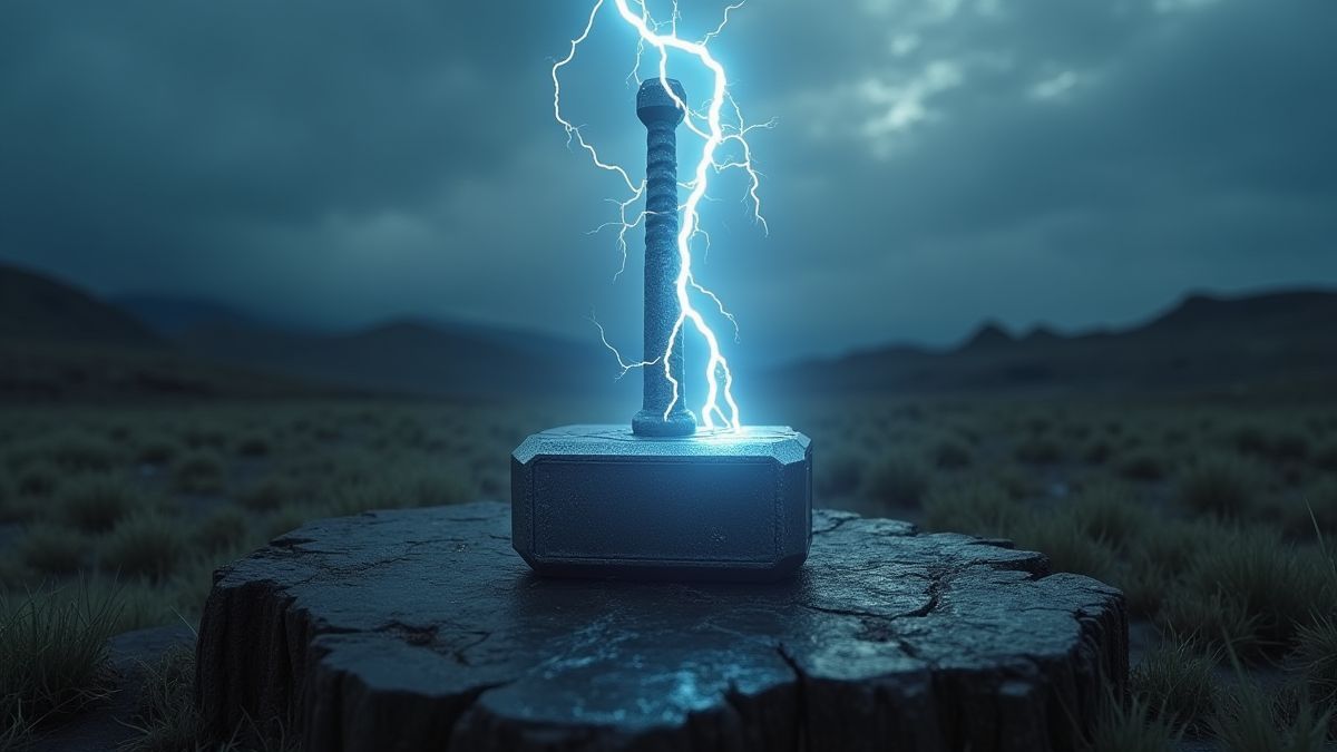 Le marteau de Thor brillant avec des éclairs dans un paysage nordique.