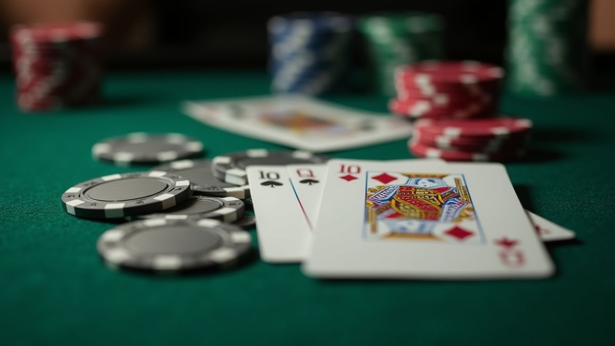 Cartas de pôquer e fichas sobre uma mesa verde.