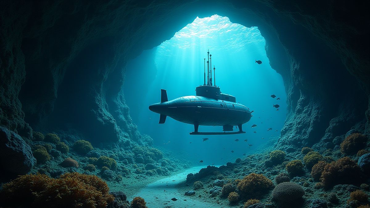 Een onderzeeër die een onderwatergrot verkent, omringd door vissen en koraalriffen.