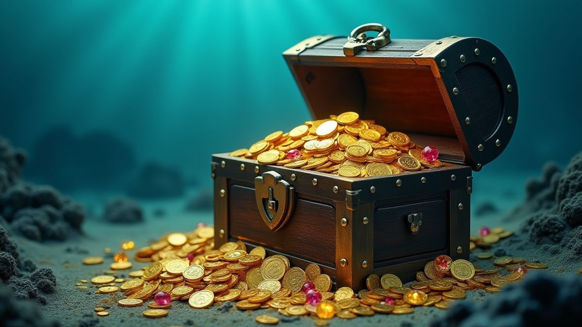 Een schatkist vol met gouden munten en juwelen op de oceaanbodem.