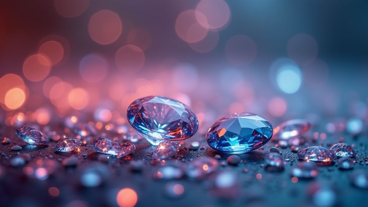 Um fundo elegante com pedras preciosas e diamantes brilhando sob luz suave.