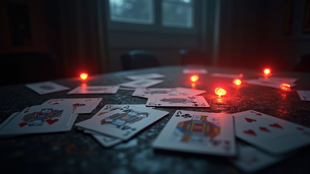 Uma mesa misteriosa com cartas e símbolos brilhantes que representam jackpots.
