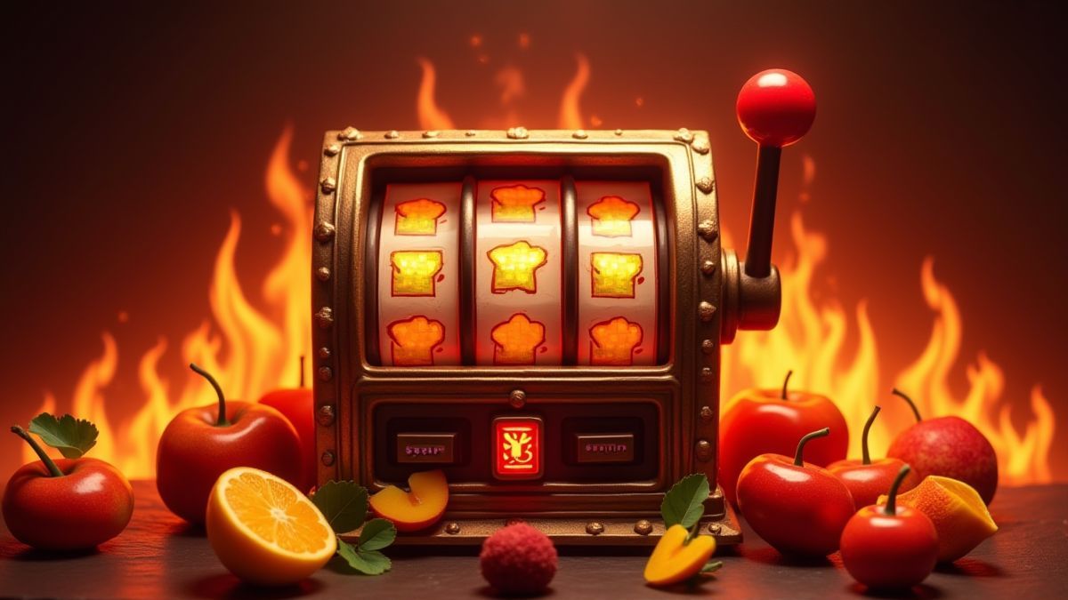 Máquina de tragaperras clásica con frutas y llamas.