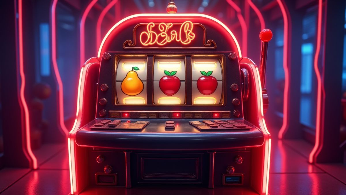 Máquina tragamonedas com temática de frutas rodeada de luzes de néon.