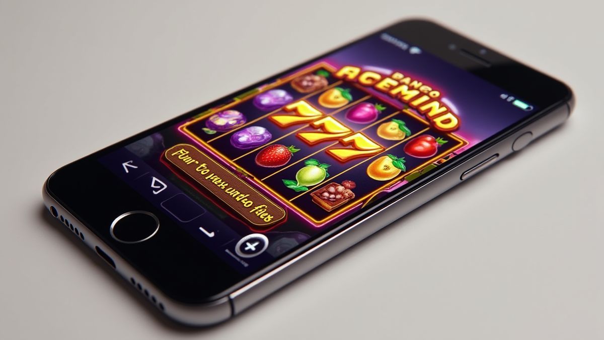 Telefone móvel mostrando um jogo de tragamonedas com temática de frutas.