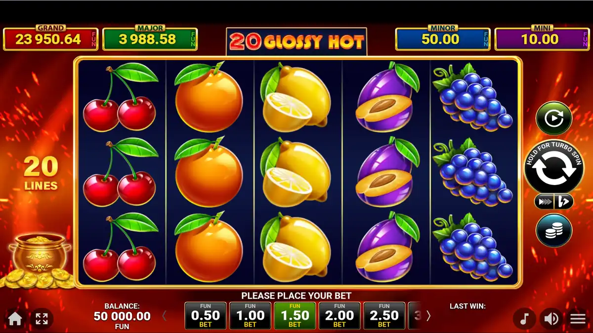 Basisspiel-Bildschirm von 20 Glossy Hot Golden Coins Link