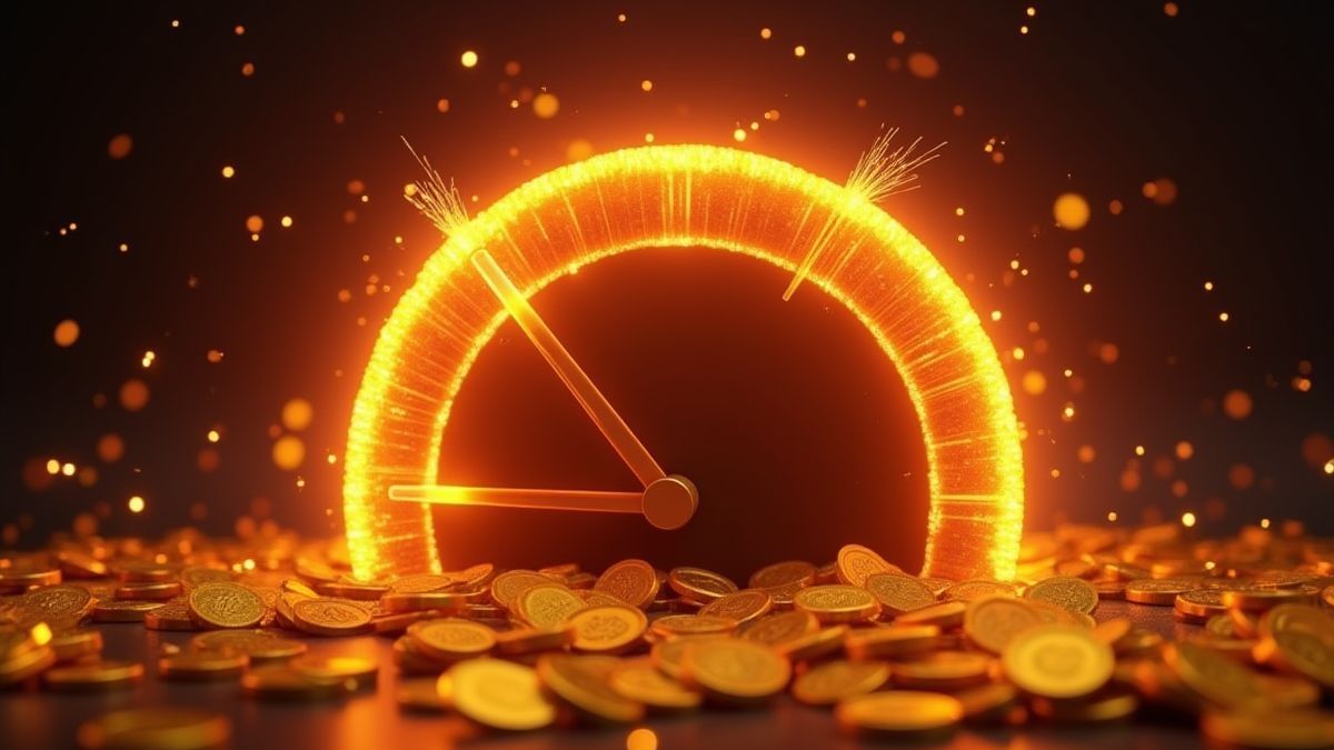 Mètre de jackpot brillant entre des pièces d'or et des feux d'artifice.