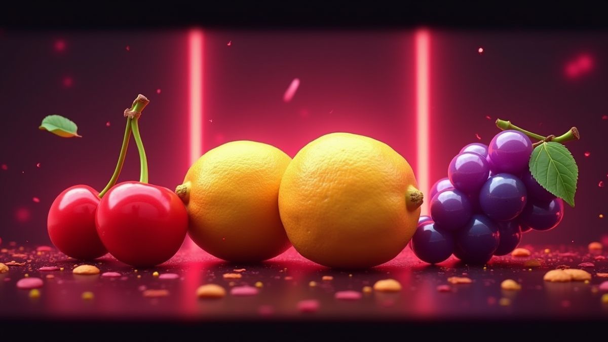 Frutas animadas como cerejas e limões iluminadas por luzes de néon.