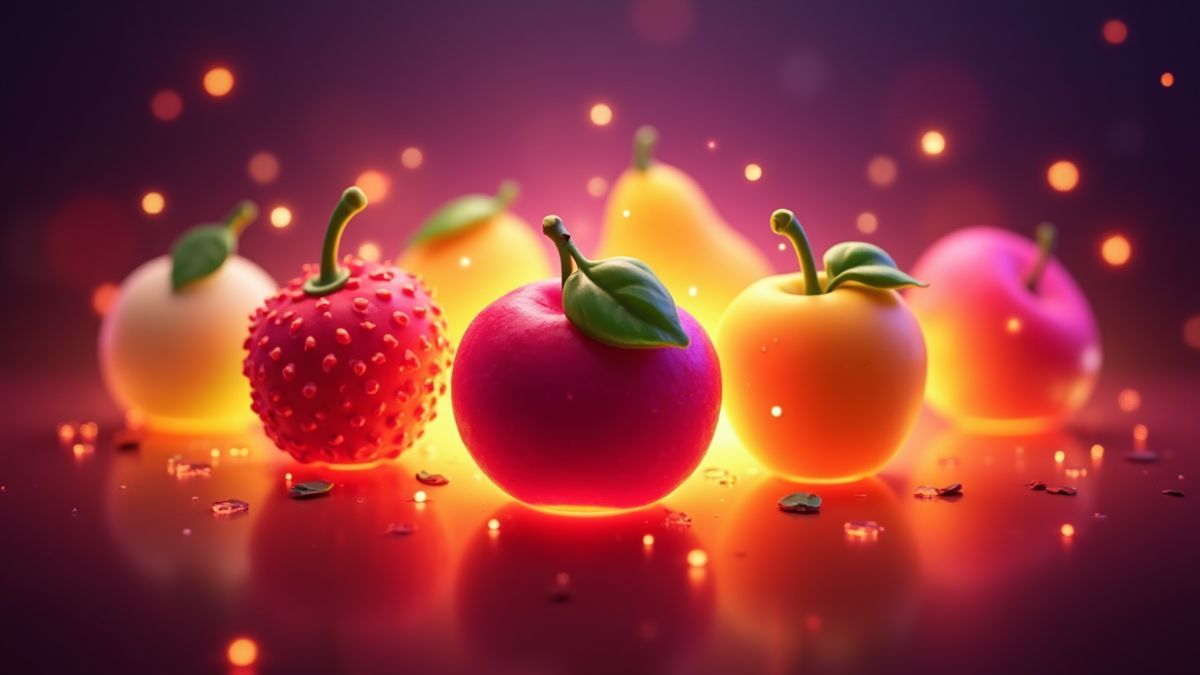 Símbolos de frutas iluminados sobre um fundo dinâmico.