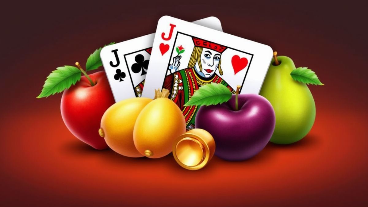 Kleurrijke vruchten naast een gouden bel en een jokerkaart.