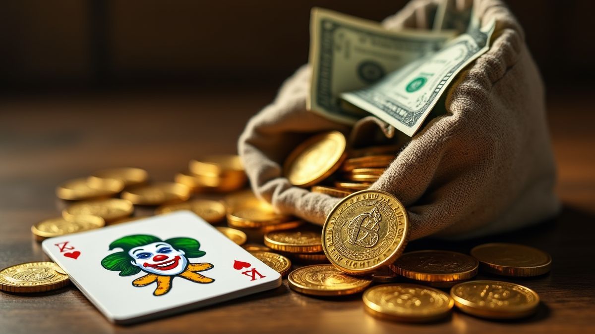 Stapeltje gouden munten naast een jokerkaart en een geldzak.