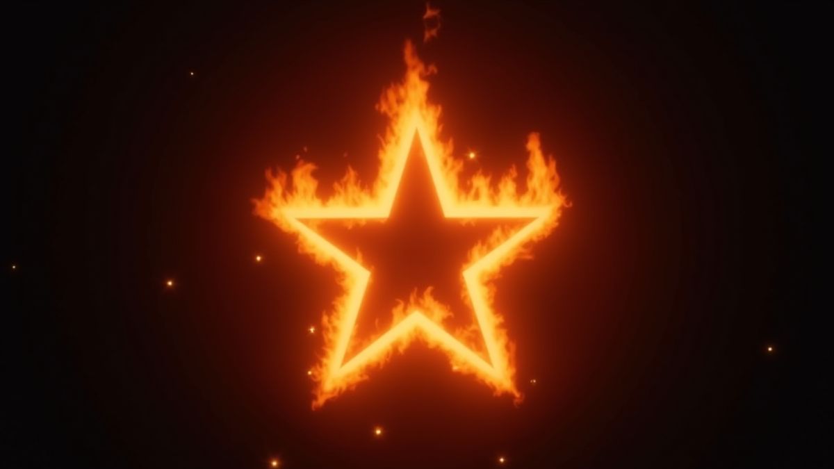 Um símbolo de estrela brilhante rodeado de chamas em um fundo escuro.