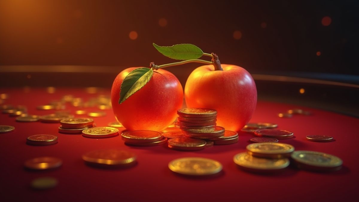Moedas e frutas brilhando juntas em uma mesa de cassino.