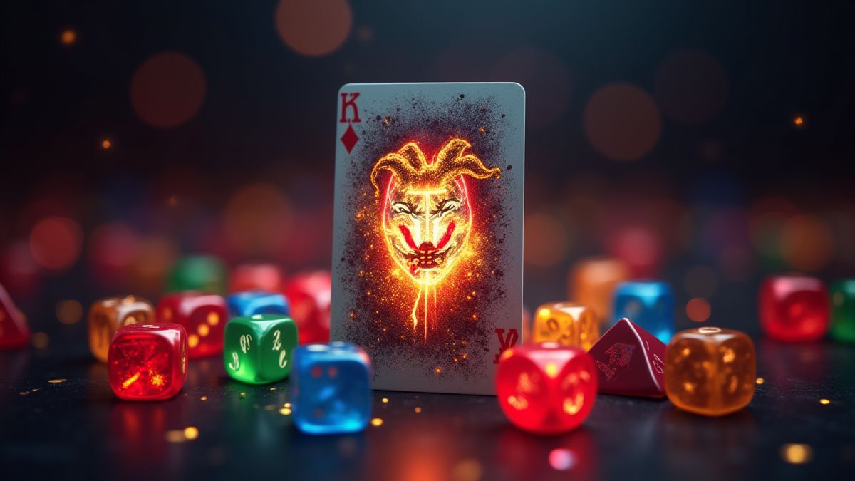Carta del Joker brillante rodeada de dados coloridos.