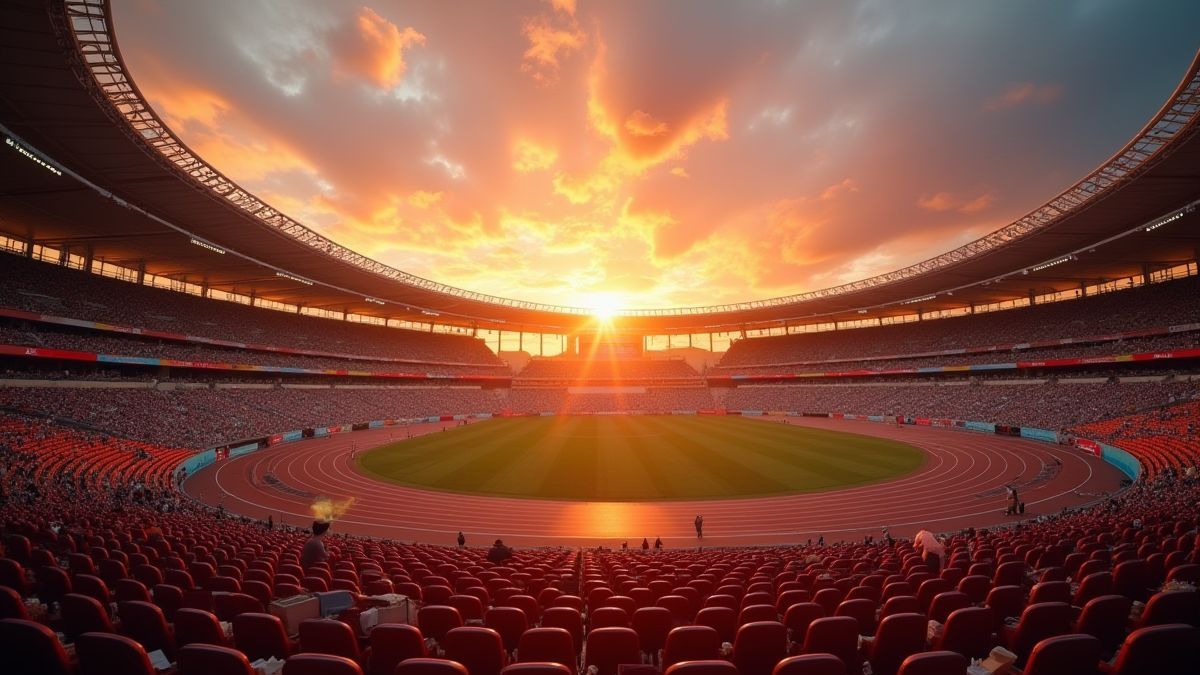 Estadio olímpico al atardecer con atletas y la llama olímpica encendida.