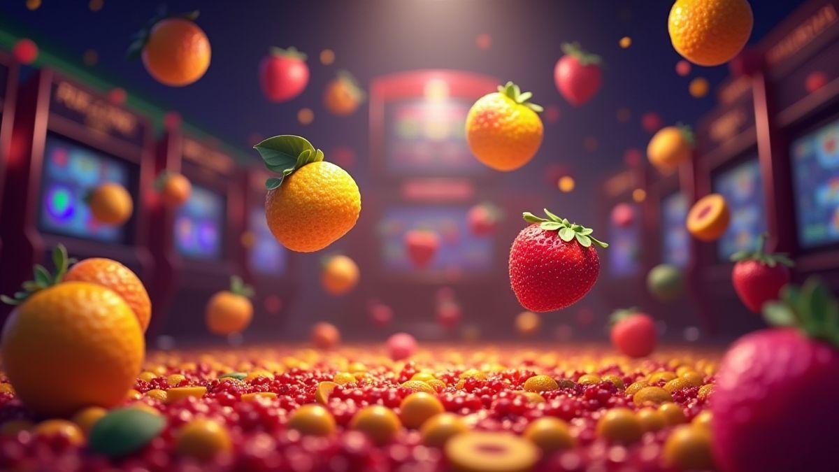 Escena de casino con frutas flotantes.