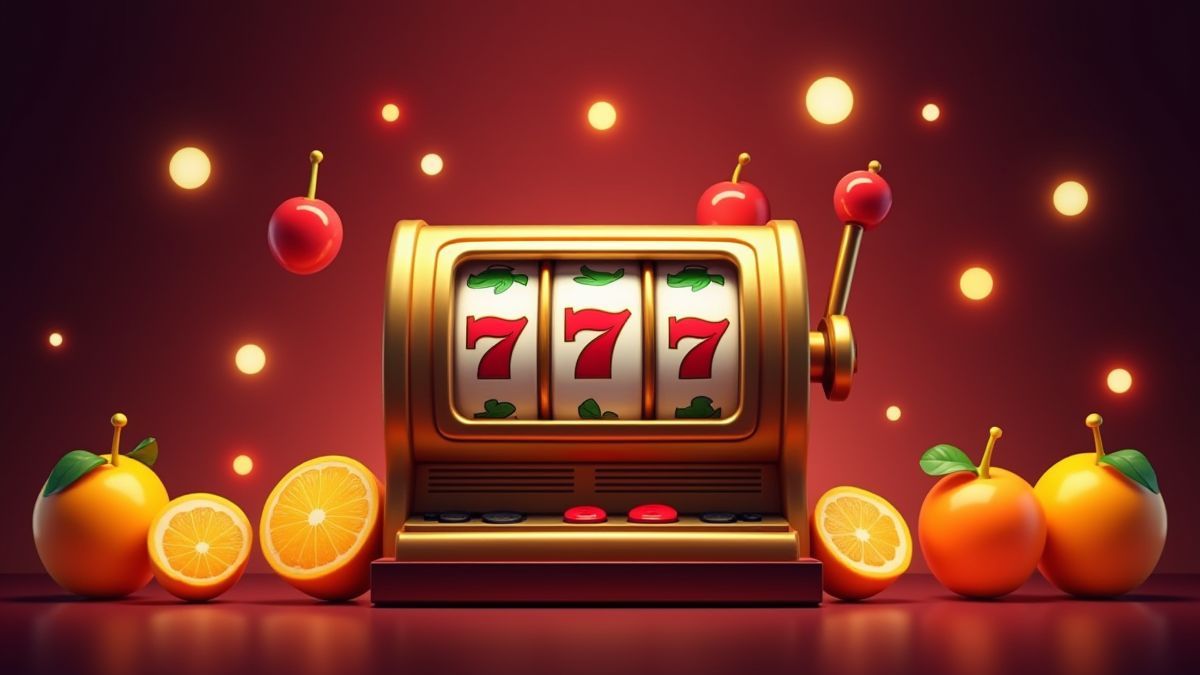 Máquina tragamonedas retro con símbolos de frutas brillantes.