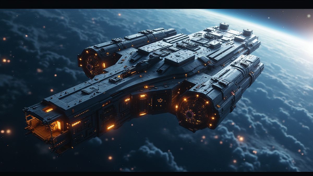 Futuristic space station orbiting Earth.