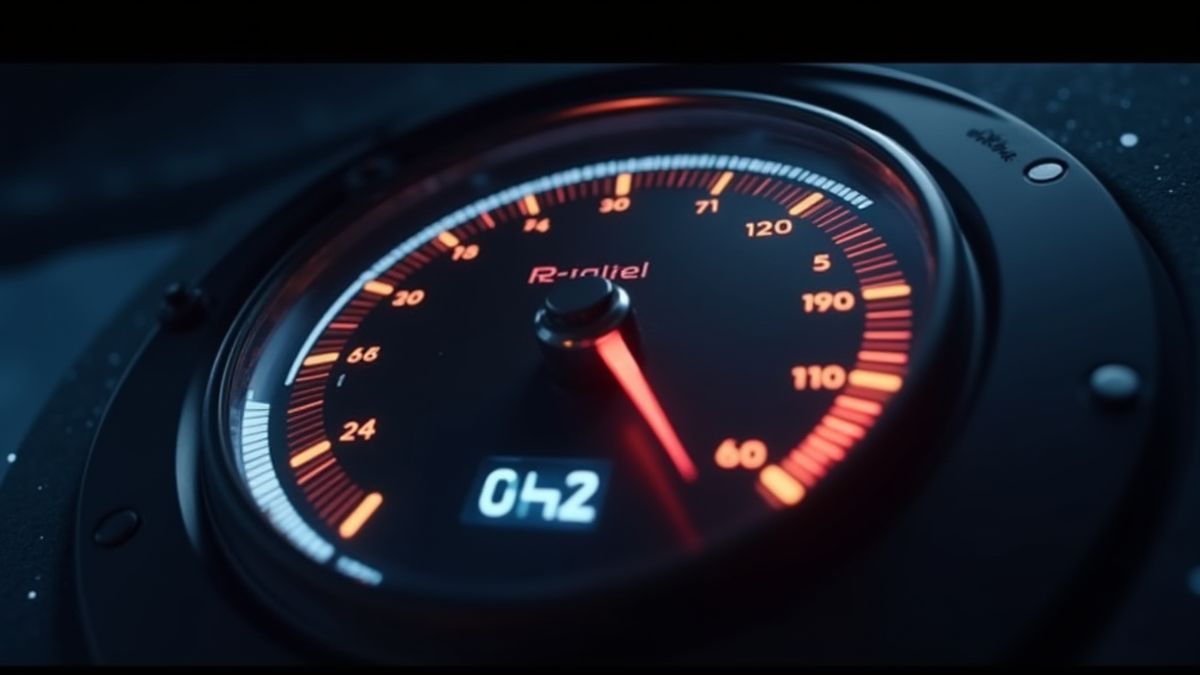 Futuristic fuel gauge with glowing lights.