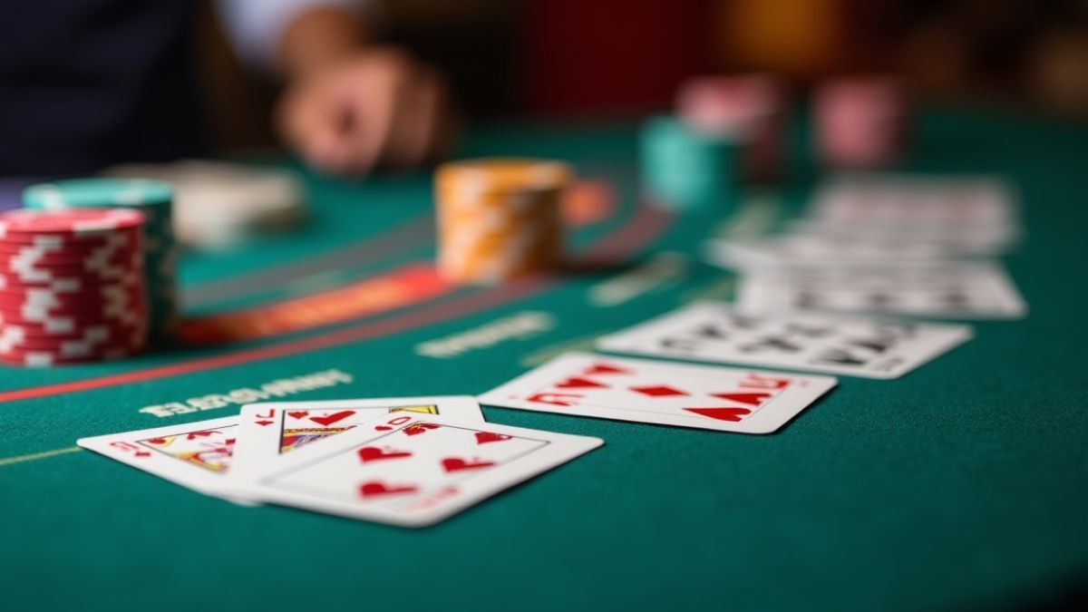 Cartas comunitarias en una mesa de blackjack con fichas coloridas