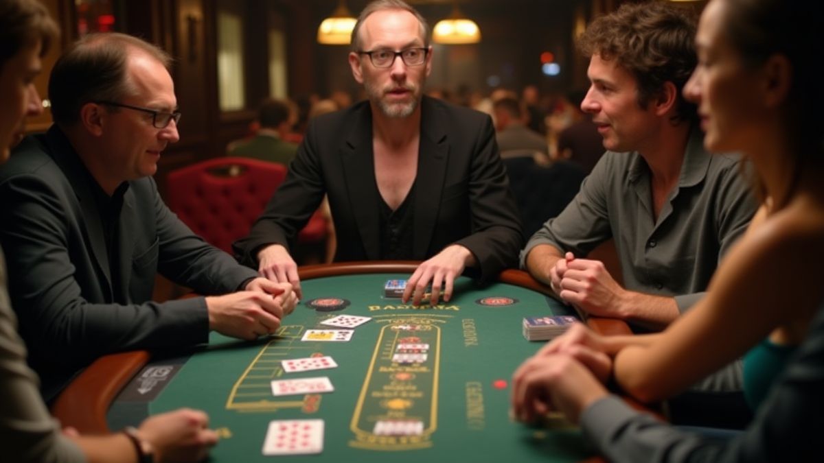 Mesa de blackjack con un crupier mostrando cartas y jugadores concentrados
