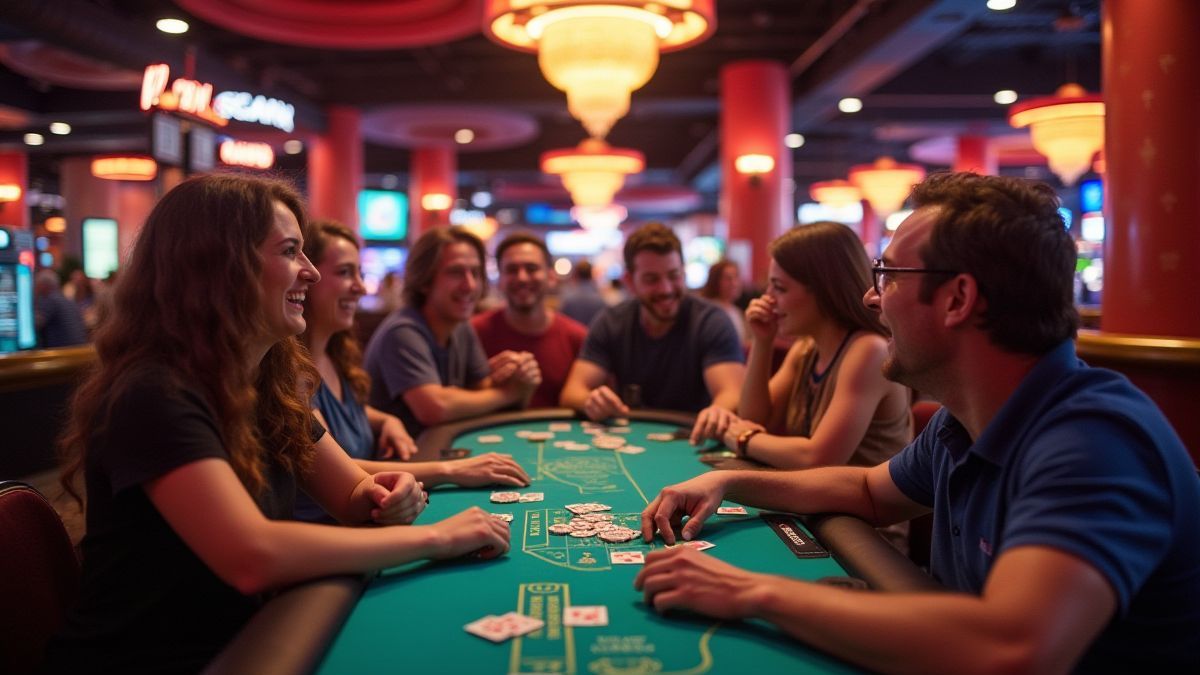 Interior de un casino con jugadores emocionados en diferentes mesas