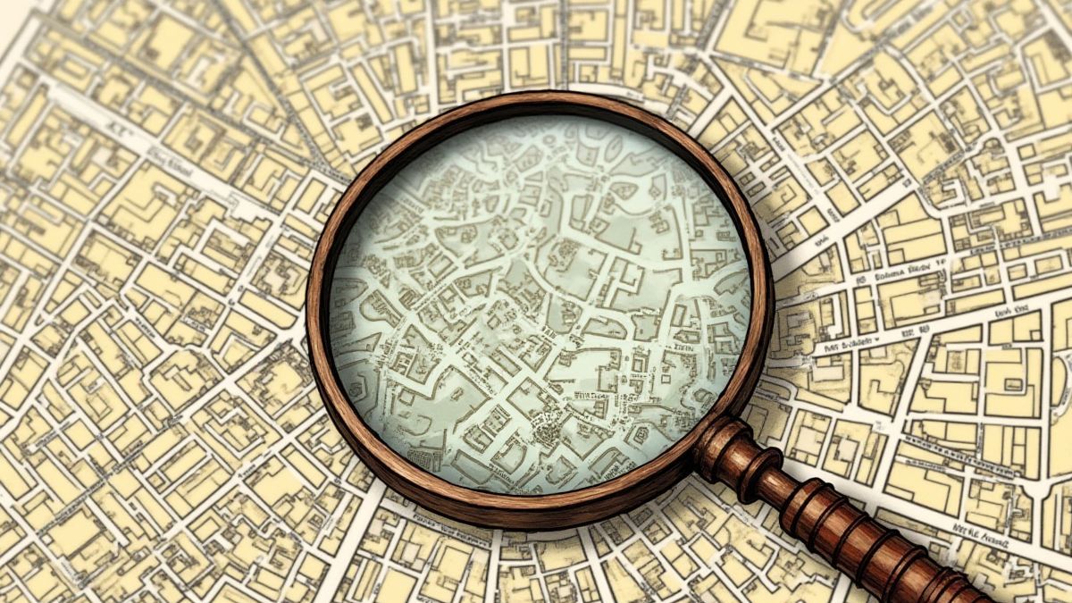 Magnifying glass over a map of Victorian London streets.