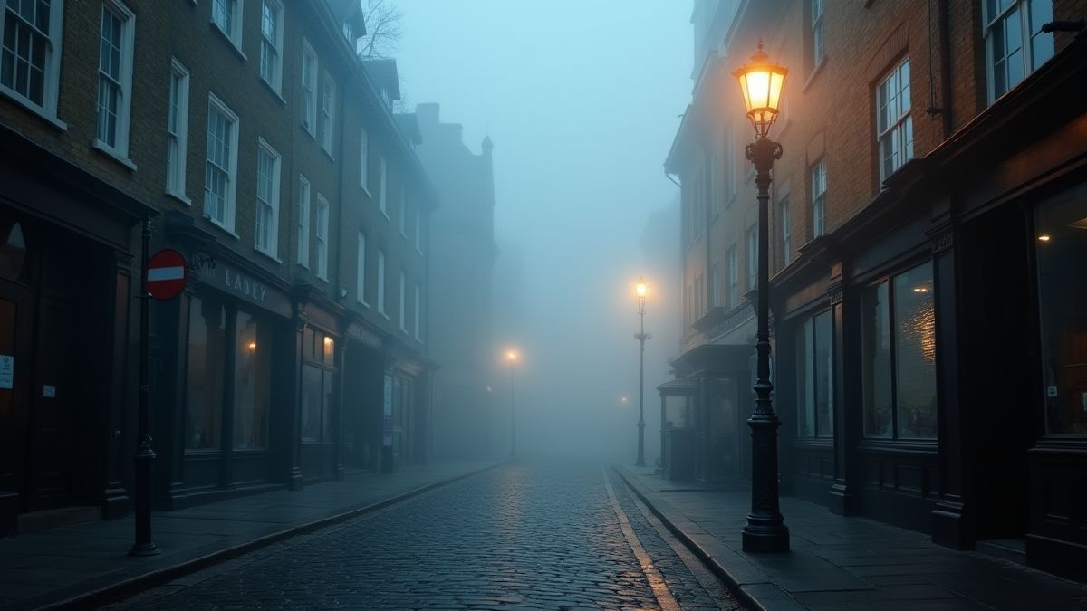 Cobblestone street in Victorian London with gas lamps and fog.
