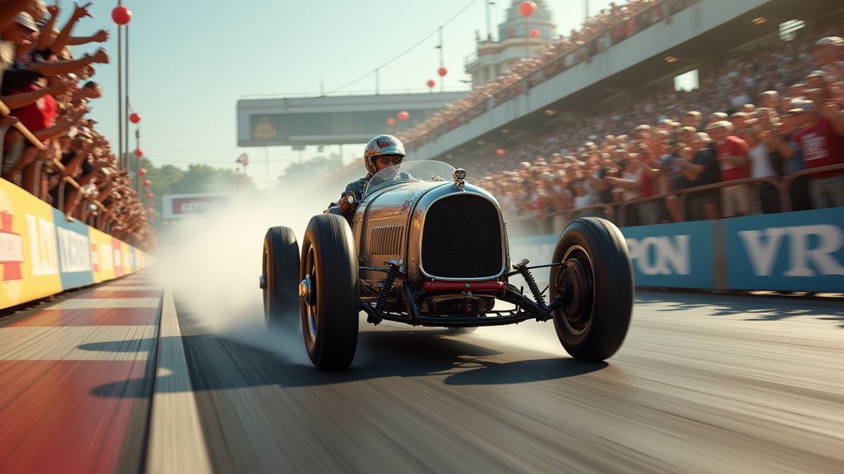 Carro de corrida vintage em ação cercado por fãs.