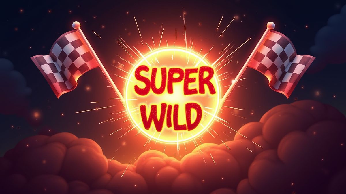 Símbolo Super Wild rodeado de faíscas e bandeiras de corrida.