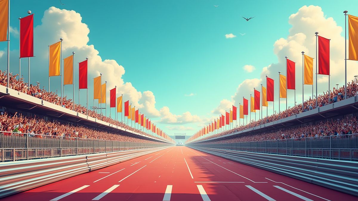 Circuito de corridas vibrante com banners retrô e público animado.