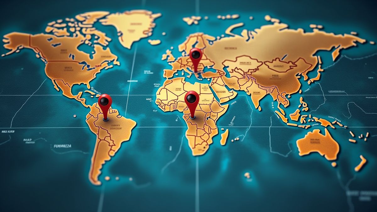 Mapa digital con ubicaciones marcadas y gadgets de espionaje.