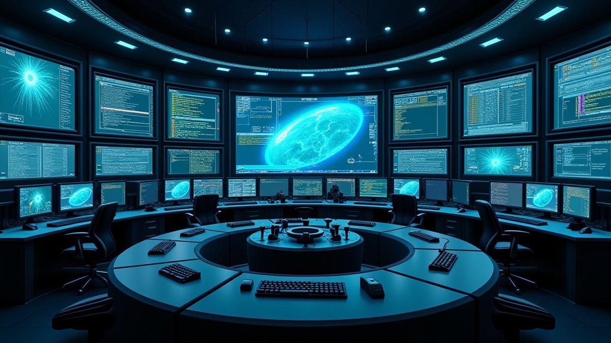 Sala de control de alta tecnología con monitores y gadgets.