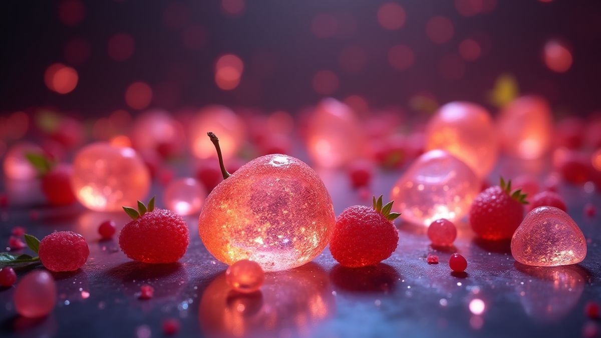 Frutas cristalinas flotando en un ambiente mágico.