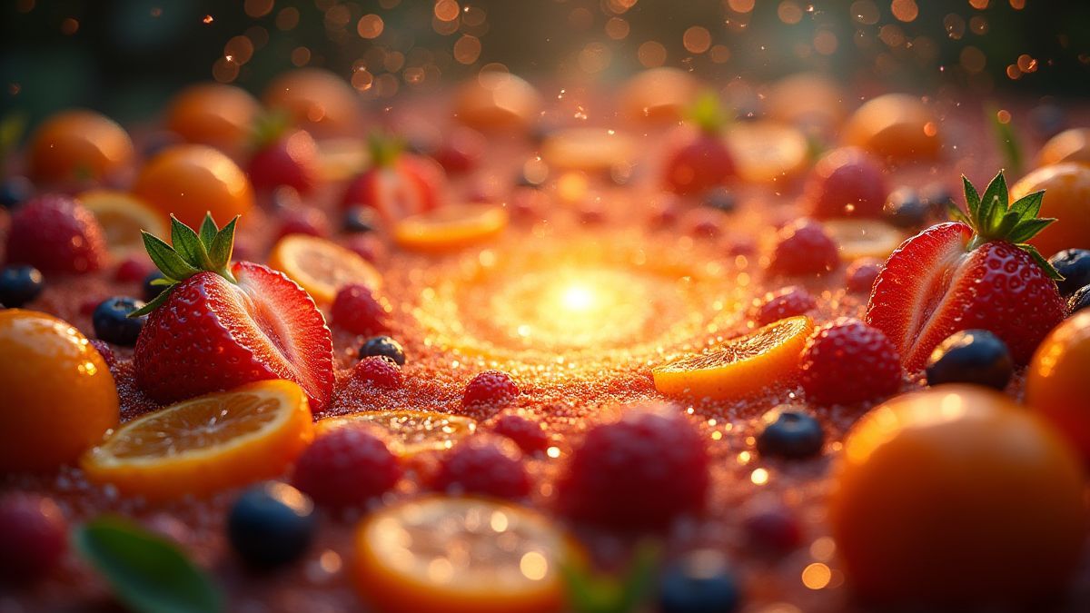 Frutas brillantes girando en un vórtice mágico.