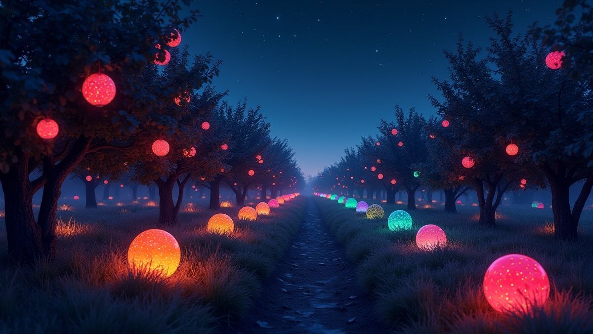 A magical orchard full of luminous fruits under a starry sky.